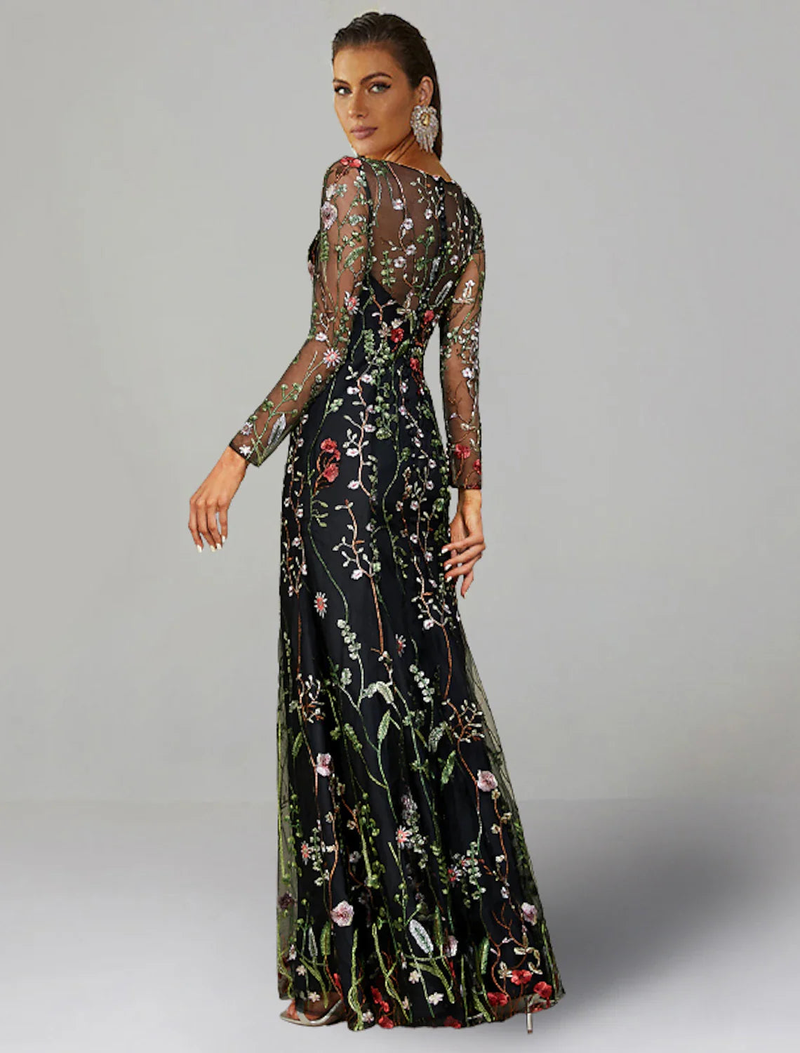 Wholesa Sheath / Column Wedding Guest Dresses Floral Dress Semi Formal Garden Party Floor Length Long Sleeve Jewel Neck Fall Wedding Guest Tulle with Embroidery