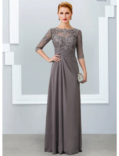 Aimishang  Sheath / Column Mother of the Bride Dress Elegant Jewel Neck Floor Length Chiffon Lace 3/4 Length Sleeve with Appliques