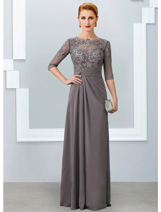 Aimishang  Sheath / Column Mother of the Bride Dress Elegant Jewel Neck Floor Length Chiffon Lace 3/4 Length Sleeve with Appliques