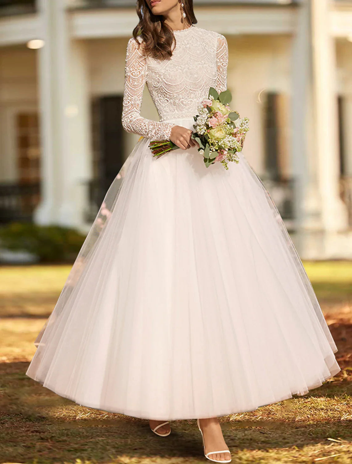 Aimishang Reception Simple Wedding Dresses Wedding Dresses A-Line Sweetheart Strapless Ankle Length Lace Bridal Gowns With Pleats Solid Color