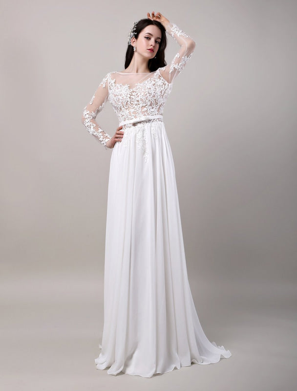 Boho Beach Sheer Lace Chiffon Tulle Long Sleeves Deep V Back Backless Bridal Gown