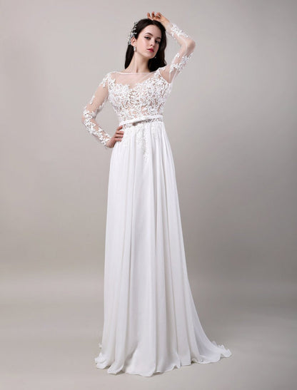 Boho Beach Sheer Lace Chiffon Tulle Long Sleeves Deep V Back Backless Bridal Gown