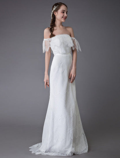 Boho Lace Wedding Dresses Off Shoulder Bridal Dress Beach Wedding Gowns