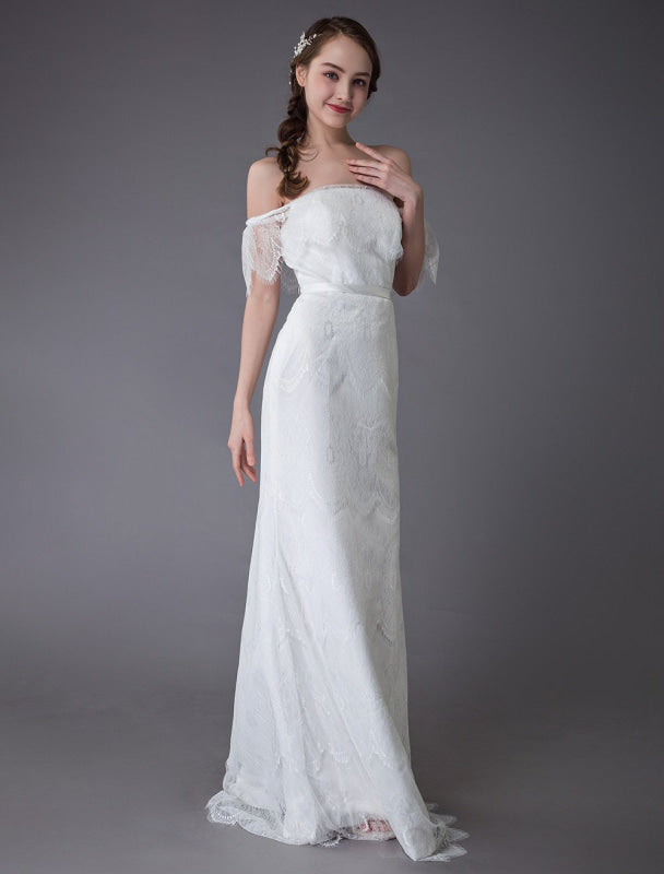 Boho Lace Wedding Dresses Off Shoulder Bridal Dress Beach Wedding Gowns