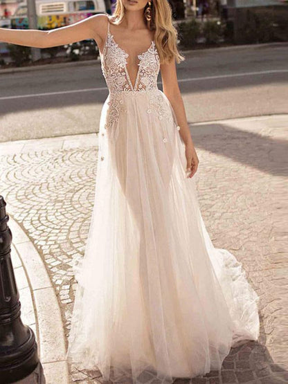 Boho Wedding Dress A Line V Neck Straps Sleeveless Tulle Beach Bridal Gowns