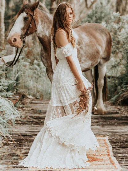 Boho Wedding Dress Lace Off The Shoulder A Line Floor Length Lace Bridal Gown