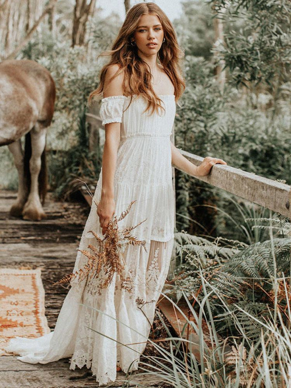 Boho Wedding Dress Lace Off The Shoulder A Line Floor Length Lace Bridal Gown