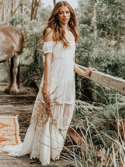 Boho Wedding Dress Lace Off The Shoulder A Line Floor Length Lace Bridal Gown