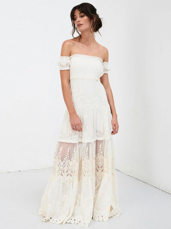Boho Wedding Dress Lace Off The Shoulder A Line Floor Length Lace Bridal Gown