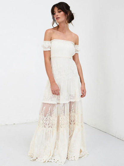Boho Wedding Dress Lace Off The Shoulder A Line Floor Length Lace Bridal Gown