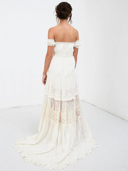 Boho Wedding Dress Lace Off The Shoulder A Line Floor Length Lace Bridal Gown