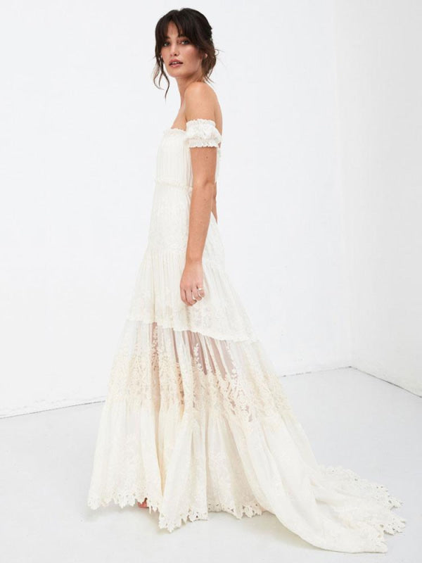 Boho Wedding Dress Lace Off The Shoulder A Line Floor Length Lace Bridal Gown