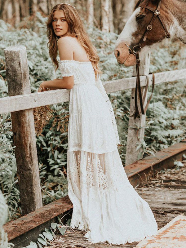 Boho Wedding Dress Lace Off The Shoulder A Line Floor Length Lace Bridal Gown