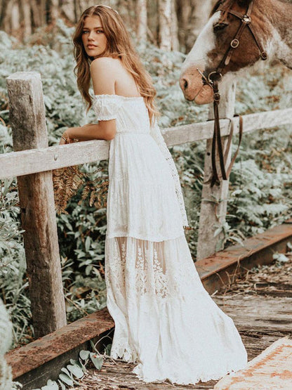 Boho Wedding Dress Lace Off The Shoulder A Line Floor Length Lace Bridal Gown