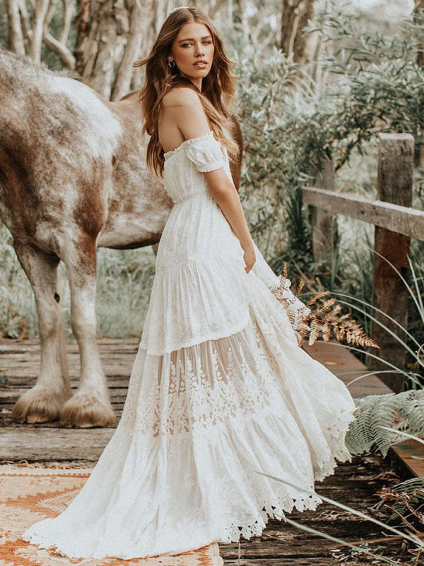 Boho Wedding Dress Lace Off The Shoulder A Line Floor Length Lace Bridal Gown