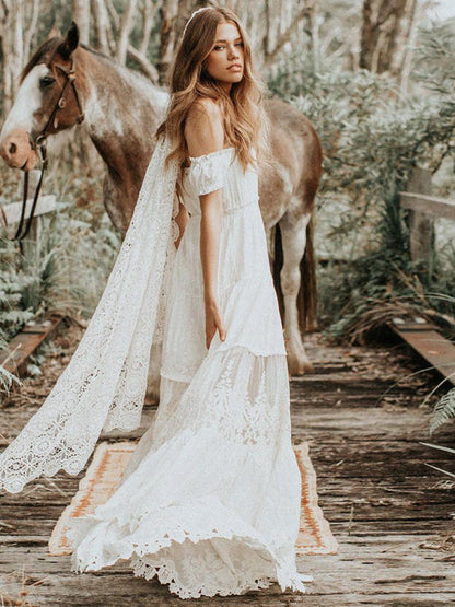 Boho Wedding Dress Lace Off The Shoulder A Line Floor Length Lace Bridal Gown