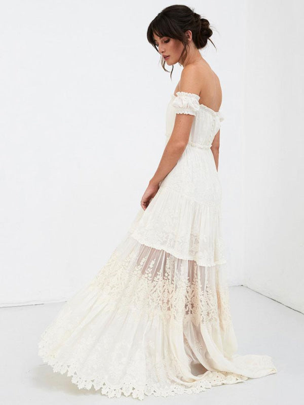 Boho Wedding Dress Lace Off The Shoulder A Line Floor Length Lace Bridal Gown