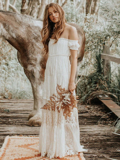 Boho Wedding Dress Lace Off The Shoulder A Line Floor Length Lace Bridal Gown