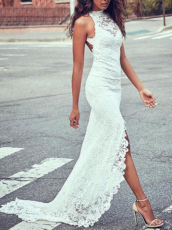 Boho Wedding Dress Mermaid High Collar Halter Sleeveless With Train Split Lace Bridal Dress