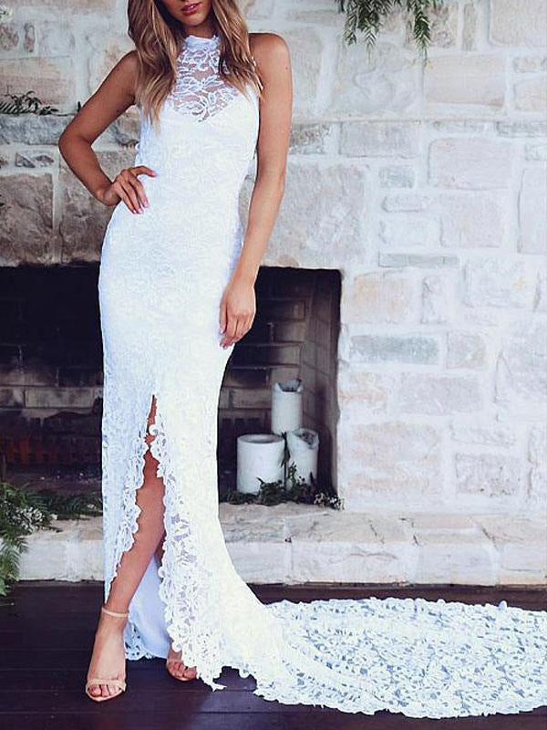 Boho Wedding Dress Mermaid High Collar Halter Sleeveless With Train Split Lace Bridal Dress
