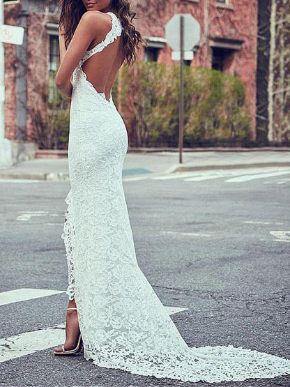 Boho Wedding Dress Mermaid High Collar Halter Sleeveless With Train Split Lace Bridal Dress