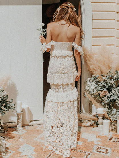 Boho Off The Shoulder Wedding Dress Floor Length Multilayer Lace Bridal Gowns