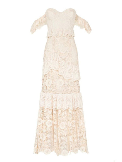 Boho Off The Shoulder Wedding Dress Floor Length Multilayer Lace Bridal Gowns
