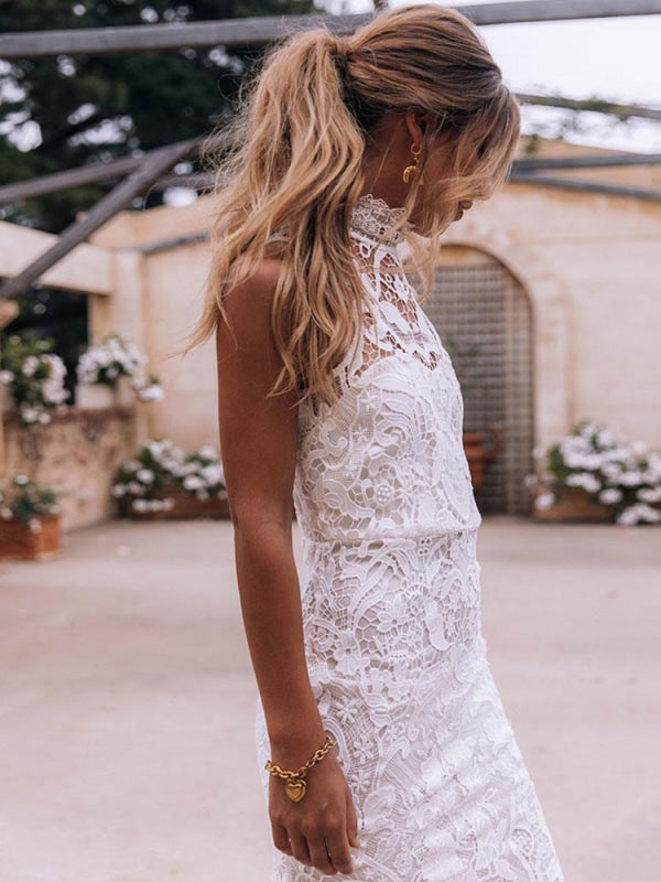 Boho Wedding Dress Sheath High Neck Sleeveless Floor Length Bridal Gown