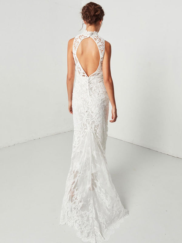 Boho Wedding Dress Sheath High Neck Sleeveless Floor Length Bridal Gown