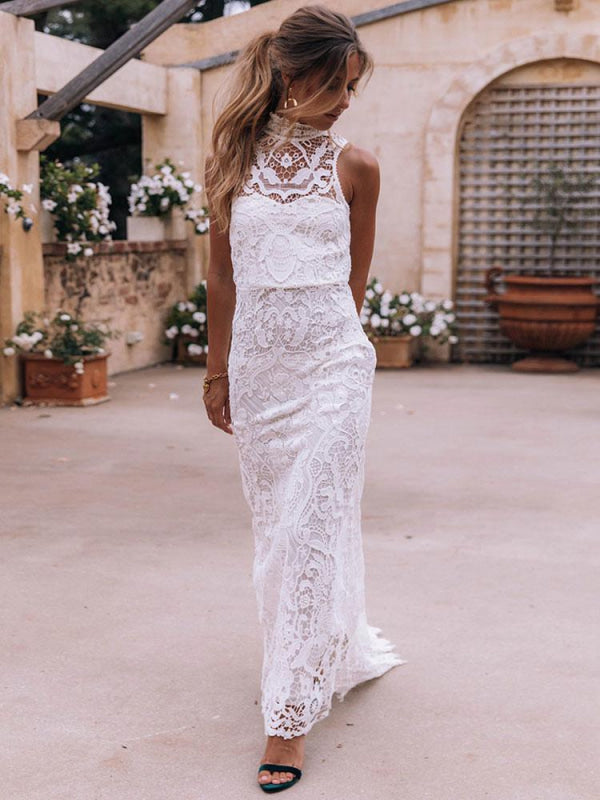Boho Wedding Dress Sheath High Neck Sleeveless Floor Length Bridal Gown