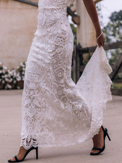 Boho Wedding Dress Sheath High Neck Sleeveless Floor Length Bridal Gown
