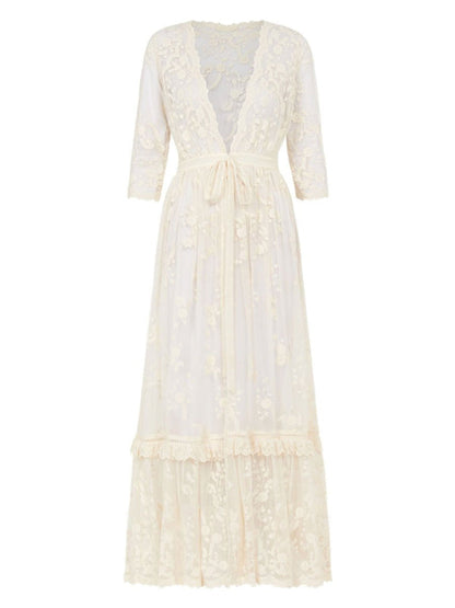 Boho Wedding Dress V Neck Floor Length Lace Multilayer Bridal Gown Dress Outfit