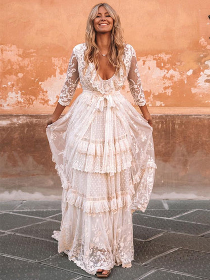Boho Wedding Dress V Neck Floor Length Lace Multilayer Bridal Gown Dress Outfit