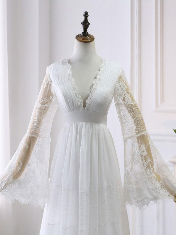 Boho Wedding Dresses A Line Deep V Neck Lace Chiffon Beach Bridal Gowns