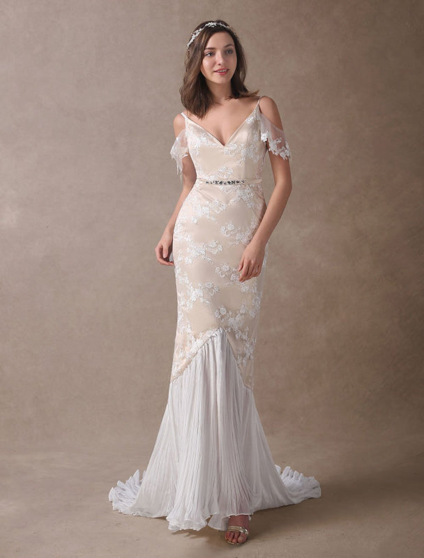 Boho Wedding Dresses Champagne Lace Beach Bridal Dress Mermaid V Neck Backless Beaded Summer Wedding Gowns Exclusive