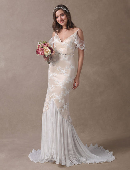 Boho Wedding Dresses Champagne Lace Beach Bridal Dress Mermaid V Neck Backless Beaded Summer Wedding Gowns Exclusive