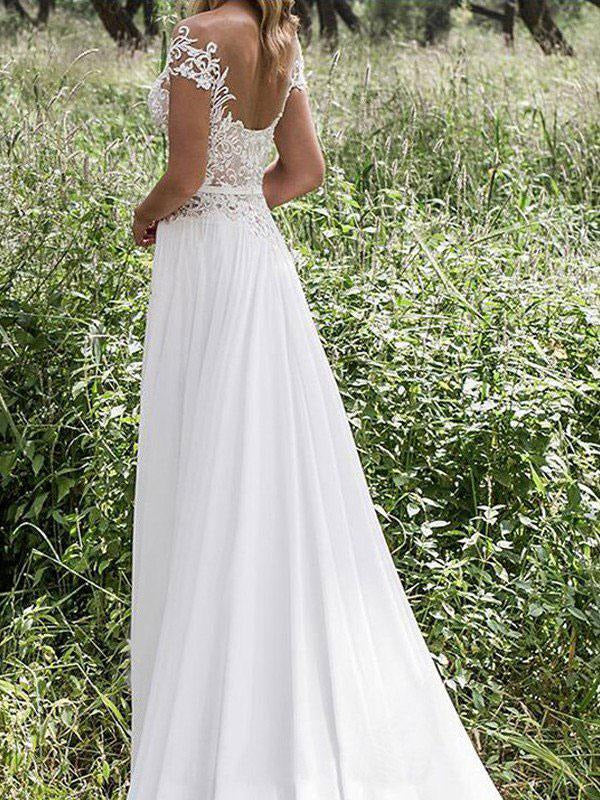 Boho Wedding Dresses Chiffon Deep V Neck Short Sleeve Lace Appliqued Split Front Beach Bridal Gowns