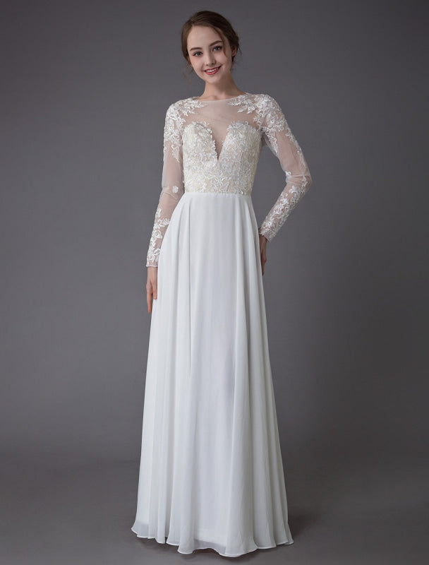 Boho Wedding Dresses Chiffon Jewel Long Sleeve Pleated A Line Beach Bridal Gowns Exclusive