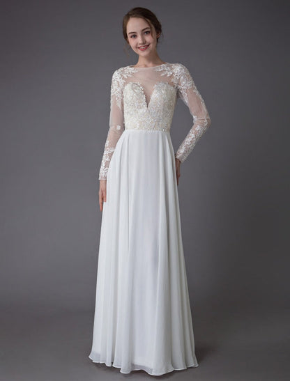 Boho Wedding Dresses Chiffon Jewel Long Sleeve Pleated A Line Beach Bridal Gowns Exclusive