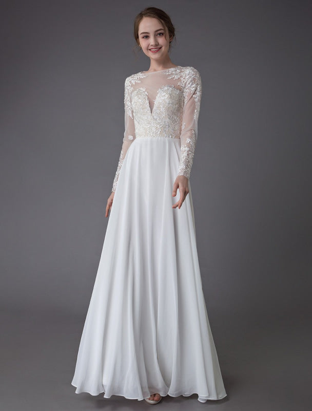 Boho Wedding Dresses Chiffon Jewel Long Sleeve Pleated A Line Beach Bridal Gowns Exclusive