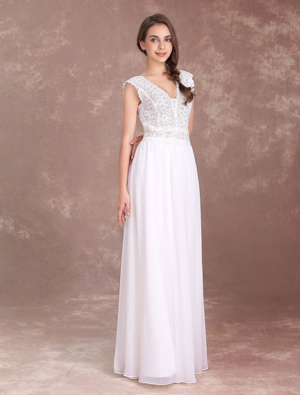 Boho Wedding Dresses Chiffon Lace Beach Bridal Dress V Neck V Back Ivory Sleeveless Floor Length Summer Wedding Gown