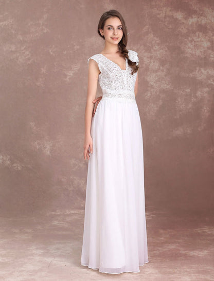 Boho Wedding Dresses Chiffon Lace Beach Bridal Dress V Neck V Back Ivory Sleeveless Floor Length Summer Wedding Gown