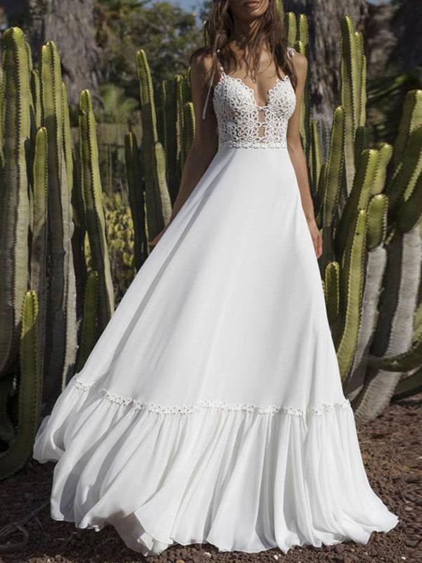 Boho Wedding Dresses Chiffon V Neck A Line Straps Sleeveless Bows Lace Bridal Gowns Ruffle Bridal Dress For Beach Wedding
