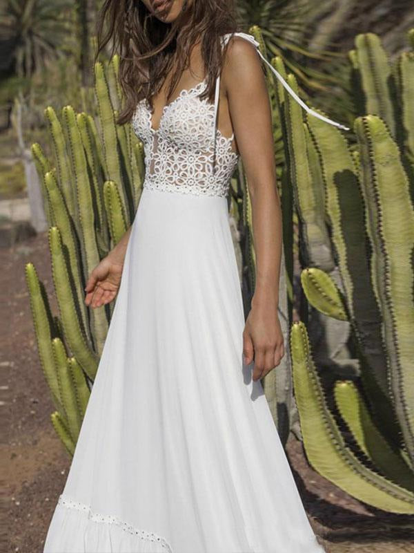 Boho Wedding Dresses Chiffon V Neck A Line Straps Sleeveless Bows Lace Bridal Gowns Ruffle Bridal Dress For Beach Wedding