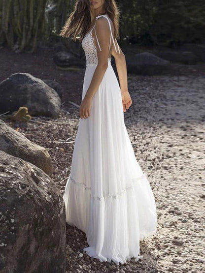 Boho Wedding Dresses Chiffon V Neck A Line Straps Sleeveless Bows Lace Bridal Gowns Ruffle Bridal Dress For Beach Wedding