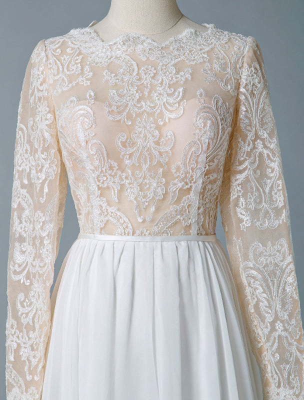 Jewel Neck Boho Wedding Dresses Long Sleeve A Line Chffion Beach Bridal Dress