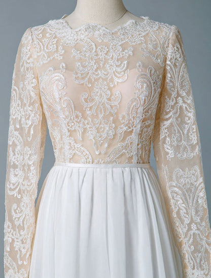 Jewel Neck Boho Wedding Dresses Long Sleeve A Line Chffion Beach Bridal Dress