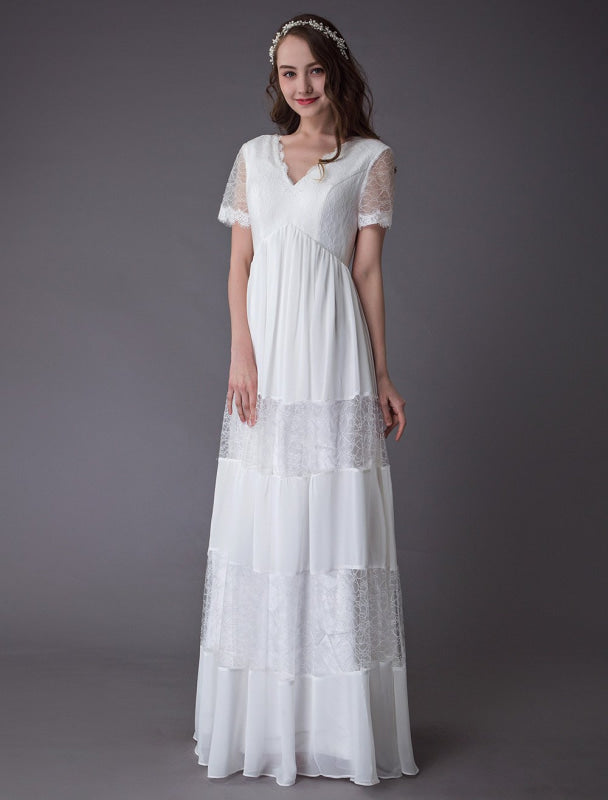 Boho Wedding Dresses Lace Chiffon Ivory Short Sleeve Maxi Beach Bridal Gowns