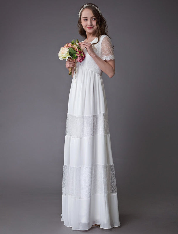 Boho Wedding Dresses Lace Chiffon Ivory Short Sleeve Maxi Beach Bridal Gowns