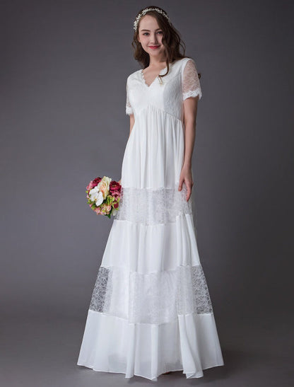 Boho Wedding Dresses Lace Chiffon Ivory Short Sleeve Maxi Beach Bridal Gowns